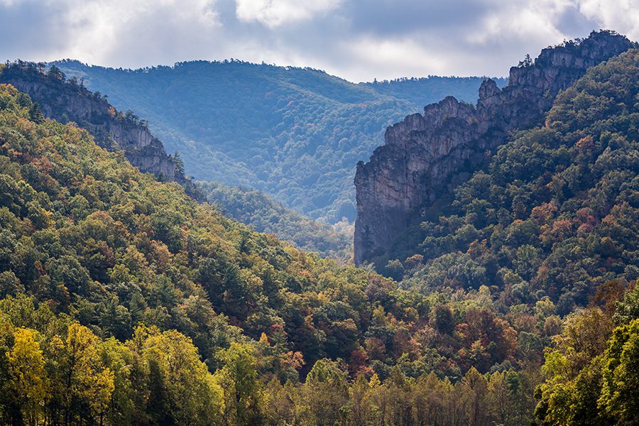 Contact - Aerial View of Trees and Mountains at Seneca Rocks in West Virginia on a Fall Morning